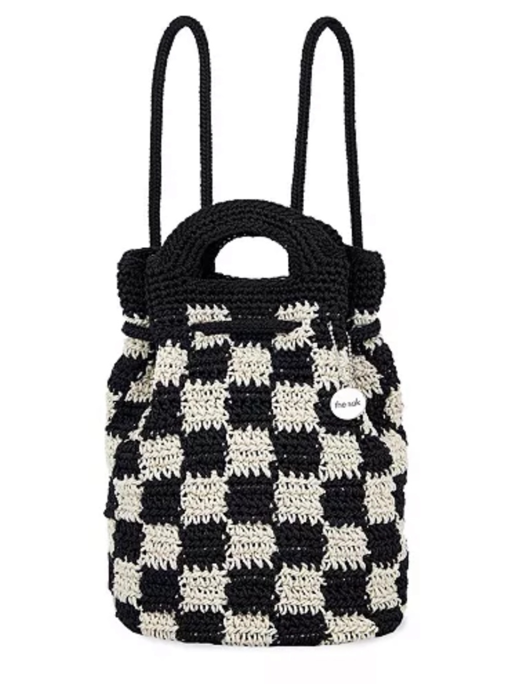 The Sak Dylan Black & Cream Crochet Checker Drawstring Backpack
